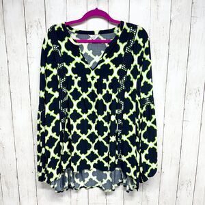 Crown & Ivy Women 3X Top Navy Blue Green Flowy Shirt Blouson Sleeves Plus